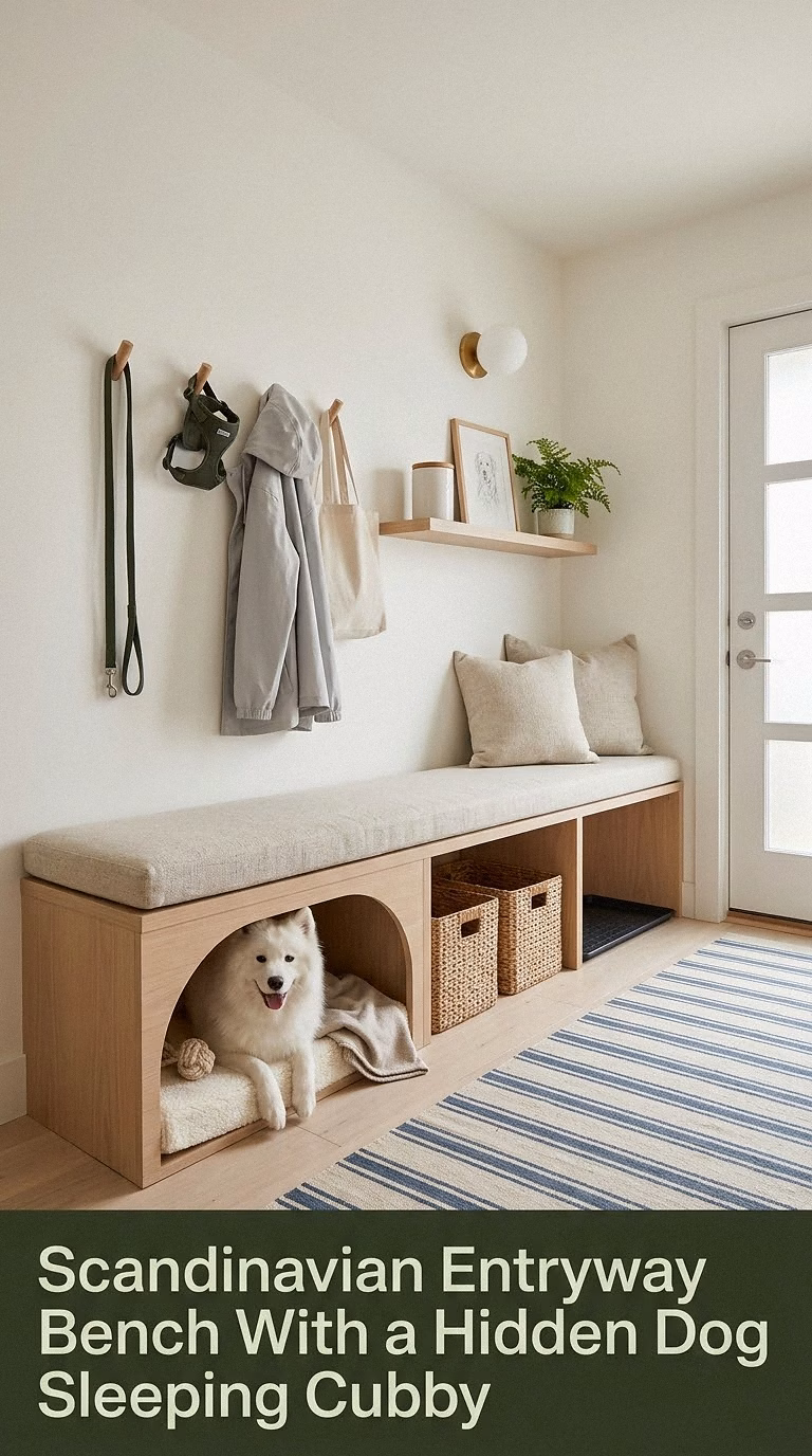 15. Scandinavian Entryway Bench With a Hidden Dog Sleeping Cubby