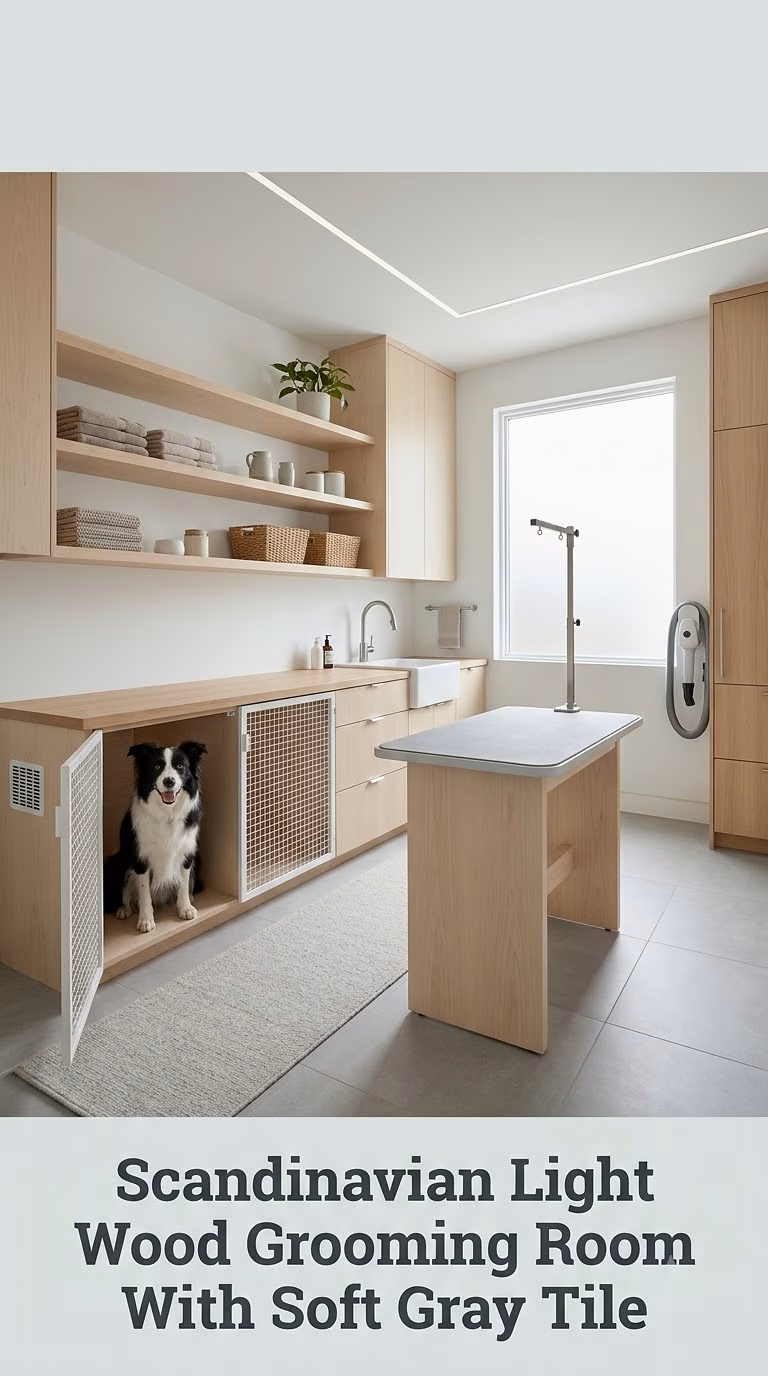 Scandinavian Light Wood Grooming Room With Soft Gray Tile