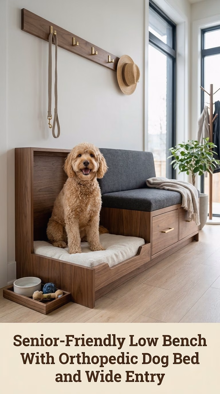 Senior-Friendly Low Bench With Orthopedic Dog Bed and Wide Entry
