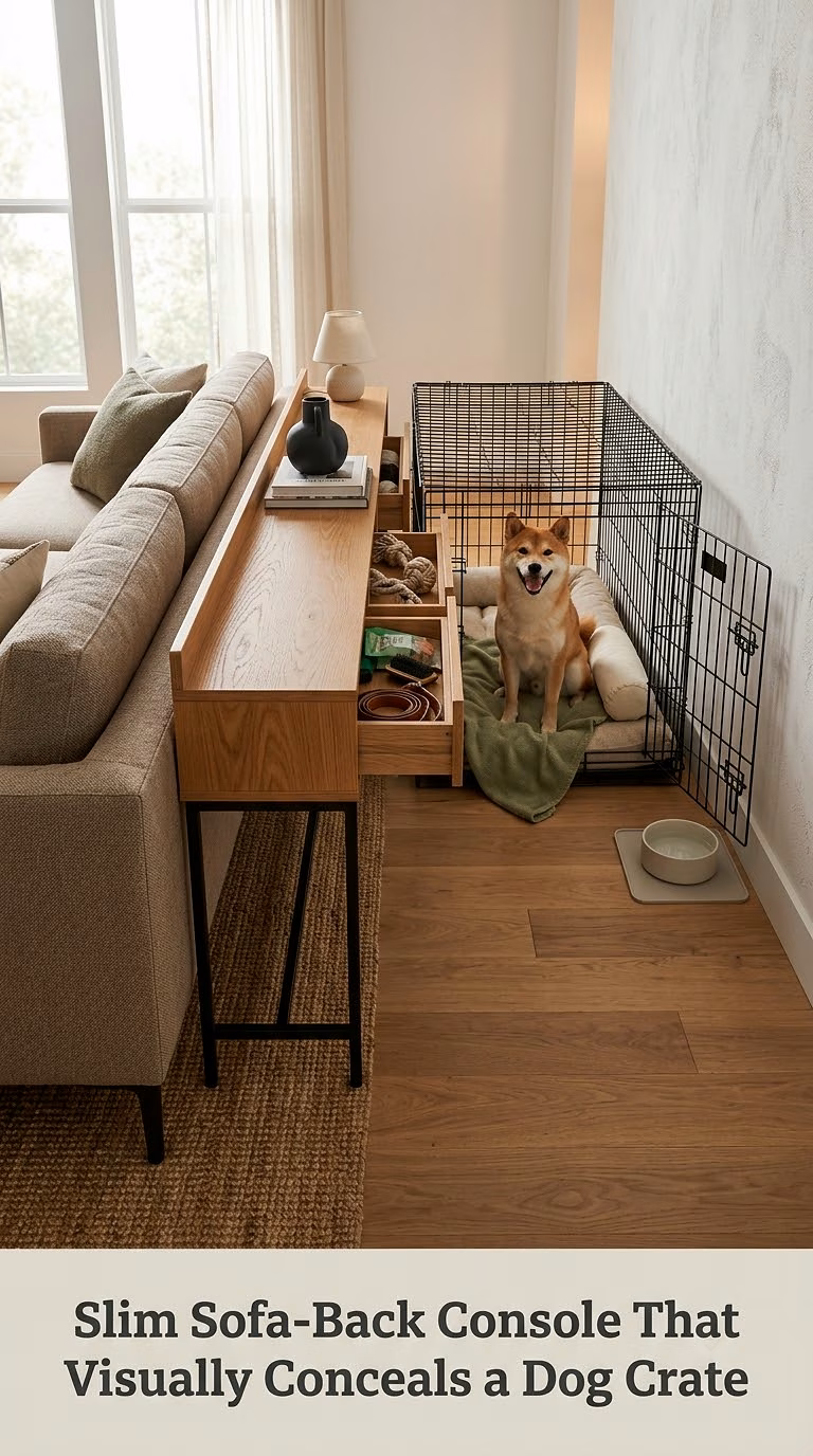 Slim Sofa-Back Console That Visually Conceals a Dog Crate