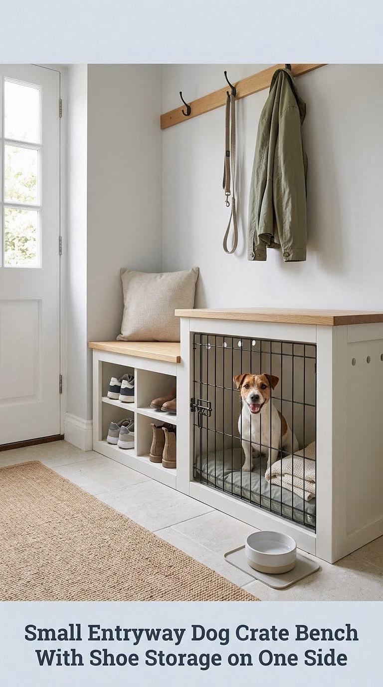 Small Entryway Dog Crate Bench With Shoe Storage on One Side