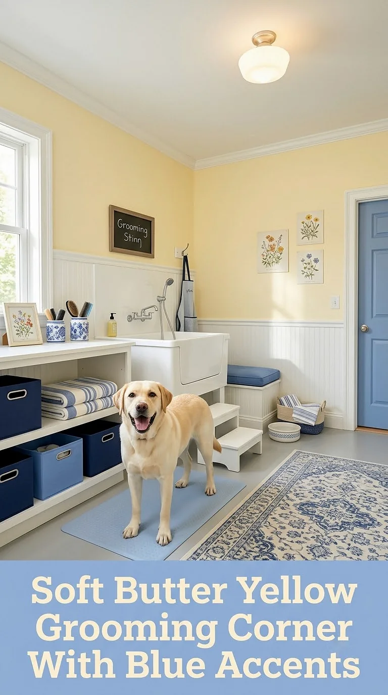 Soft Butter Yellow Grooming Corner With Blue Accents