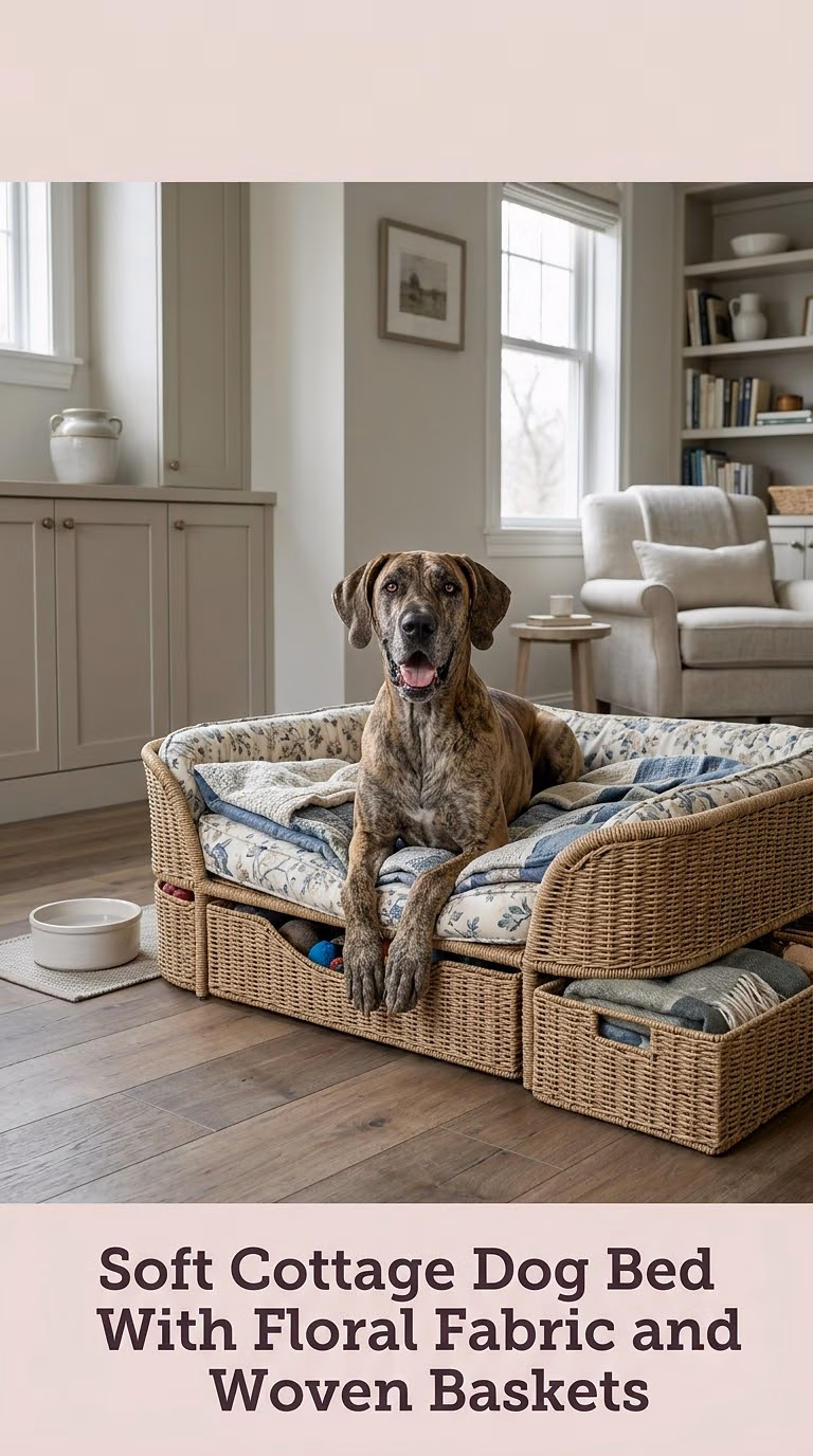 Soft Cottage Dog Bed With Floral Fabric and Woven Baskets