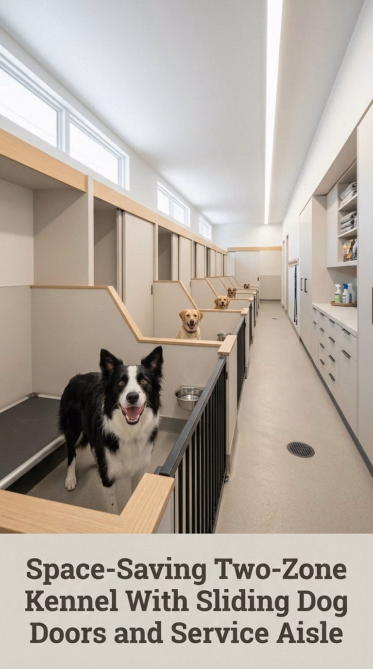 Space-Saving Two-Zone Kennel With Sliding Dog Doors and Service Aisle