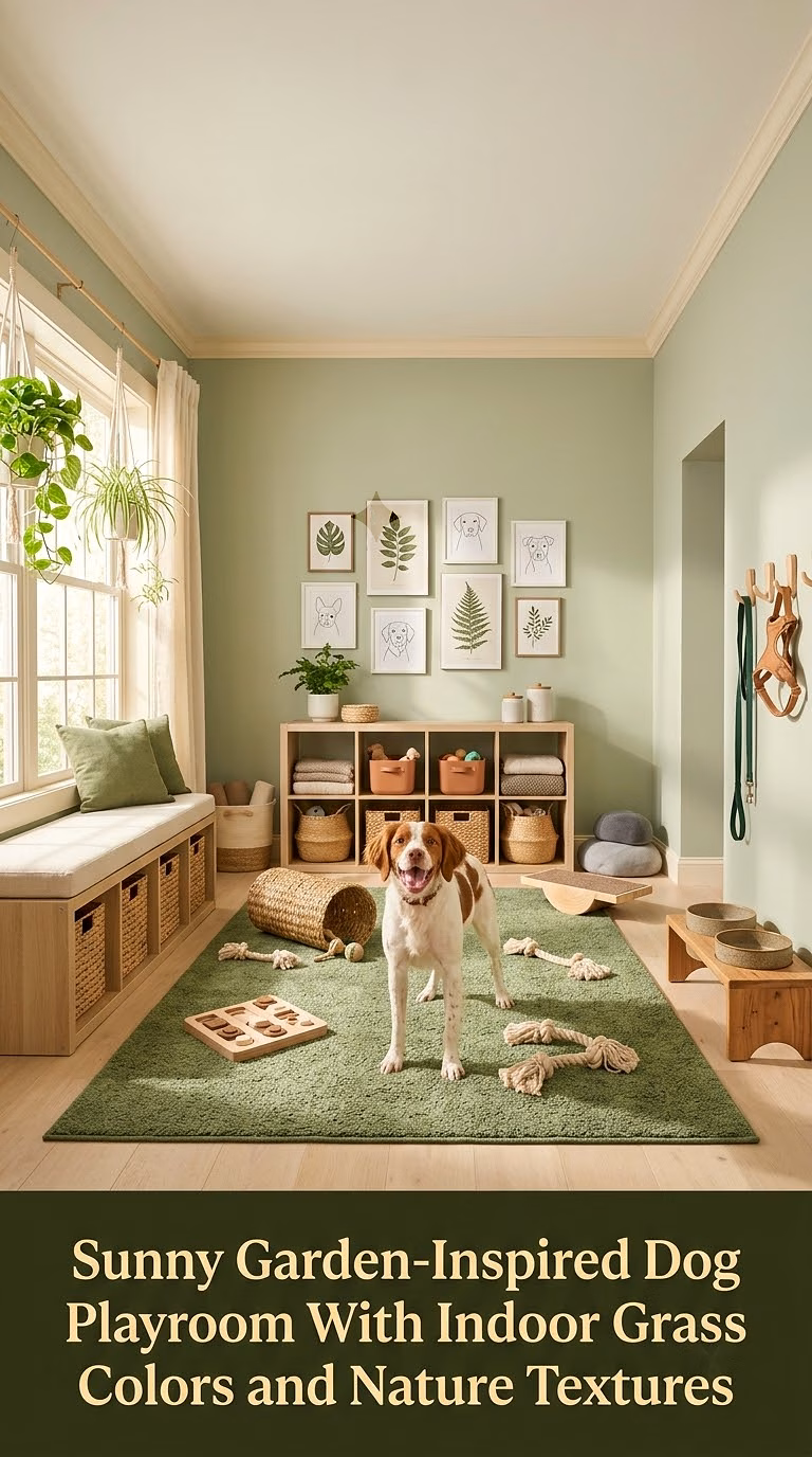 15. Sunny Garden-Inspired Dog Playroom With Indoor Grass Colors and Nature Textures