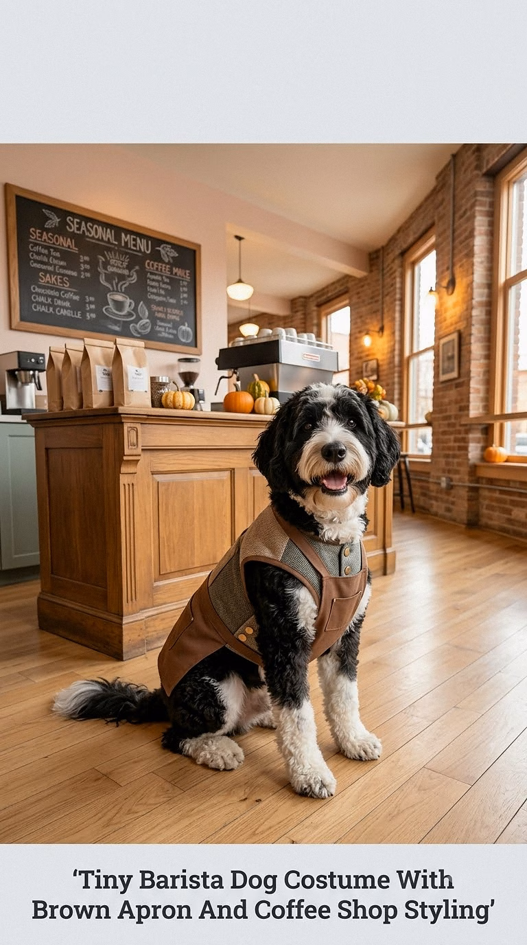 Tiny Barista Dog Costume With Brown Apron And Coffee Shop Styling