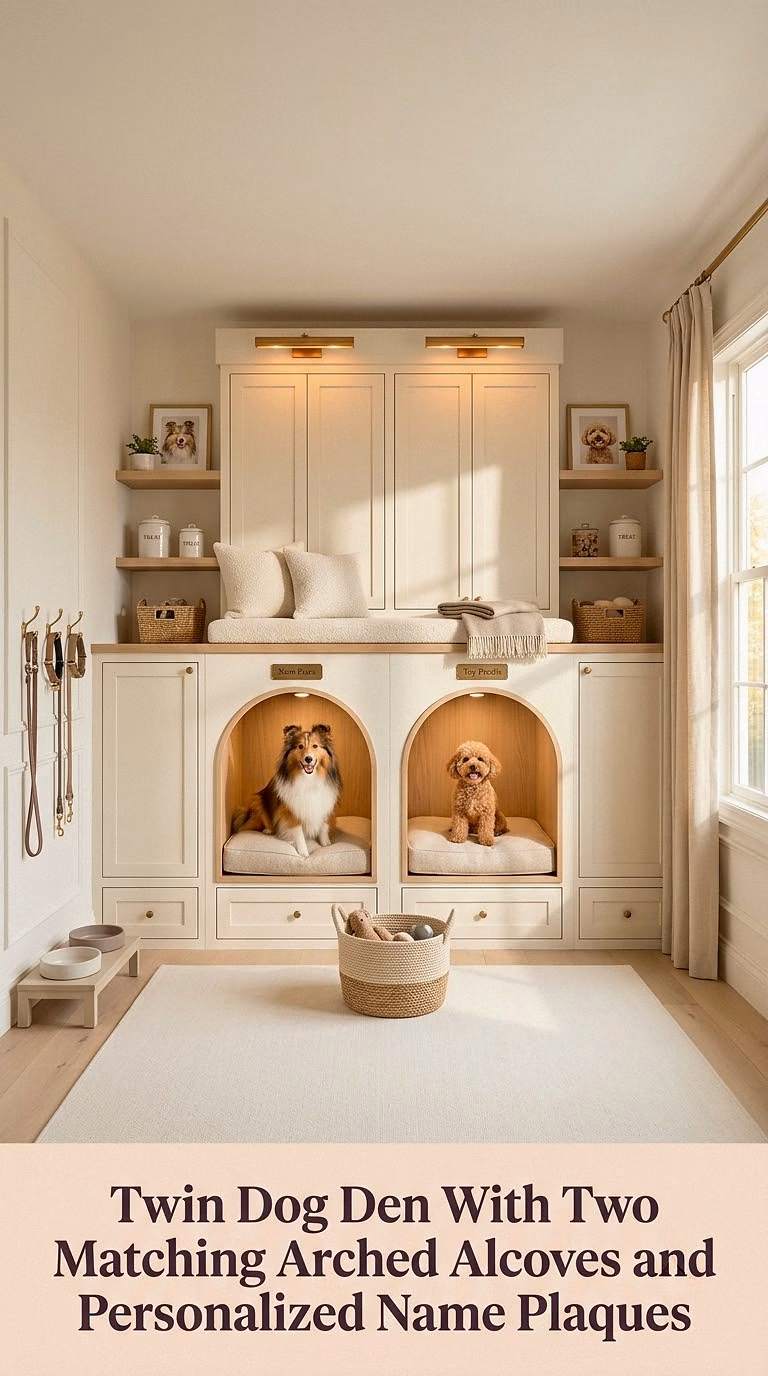 15. Twin Dog Den With Two Matching Arched Alcoves and Personalized Name Plaques