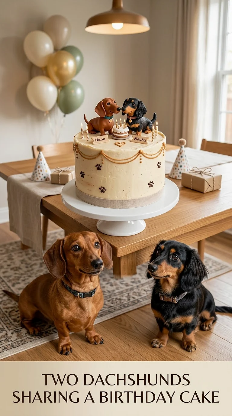 Two Dachshunds Sharing A Birthday Cake