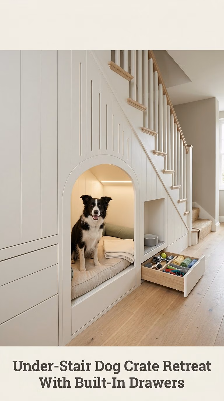 Under-Stair Dog Crate Retreat With Built-In Drawers