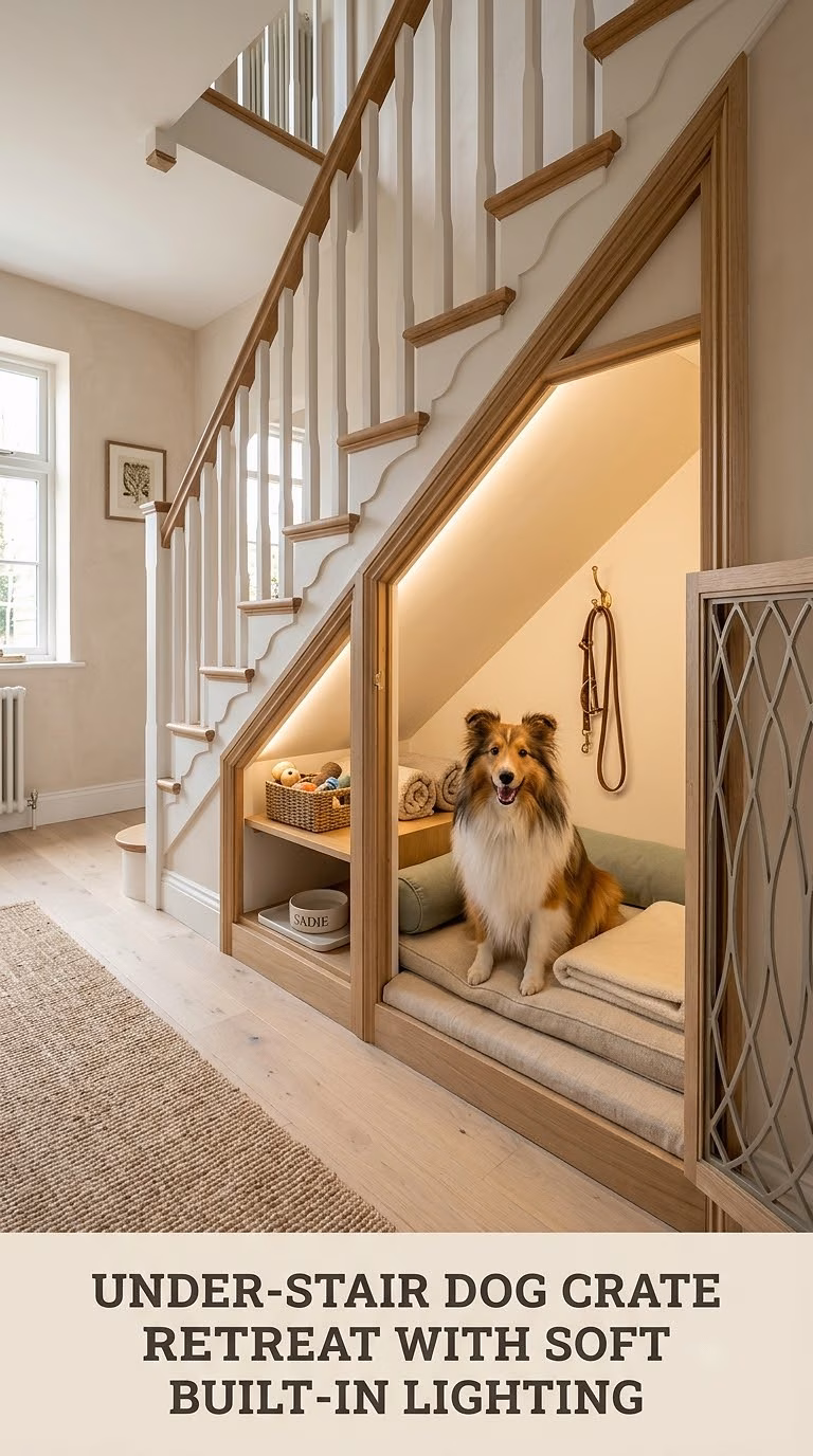 Under-Stair Dog Crate Retreat With Soft Built-In Lighting