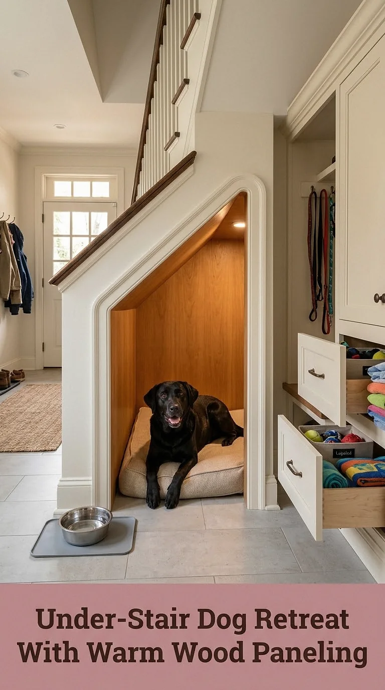 Under-Stair Dog Retreat With Warm Wood Paneling