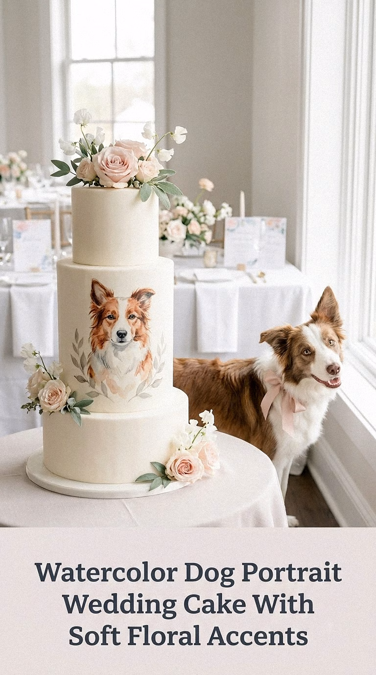 Watercolor Dog Portrait Wedding Cake With Soft Floral Accents