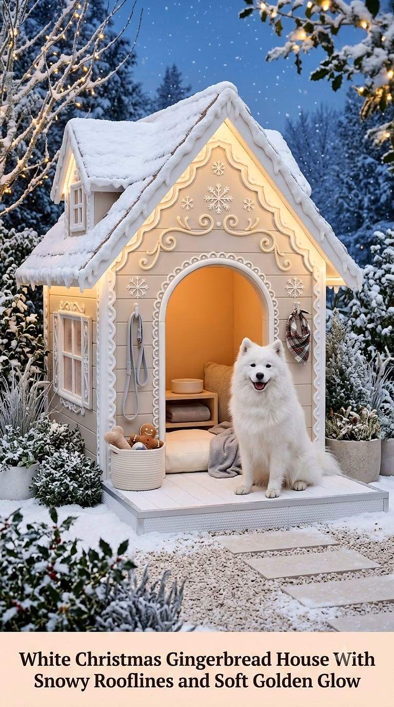 White Christmas Gingerbread House With Snowy Rooflines and Soft Golden Glow