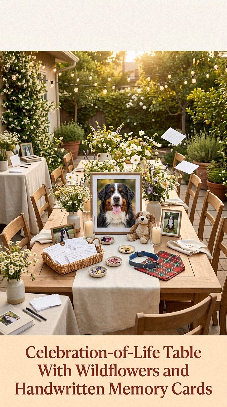 16. Celebration-of-Life Table With Wildflowers and Handwritten Memory Cards