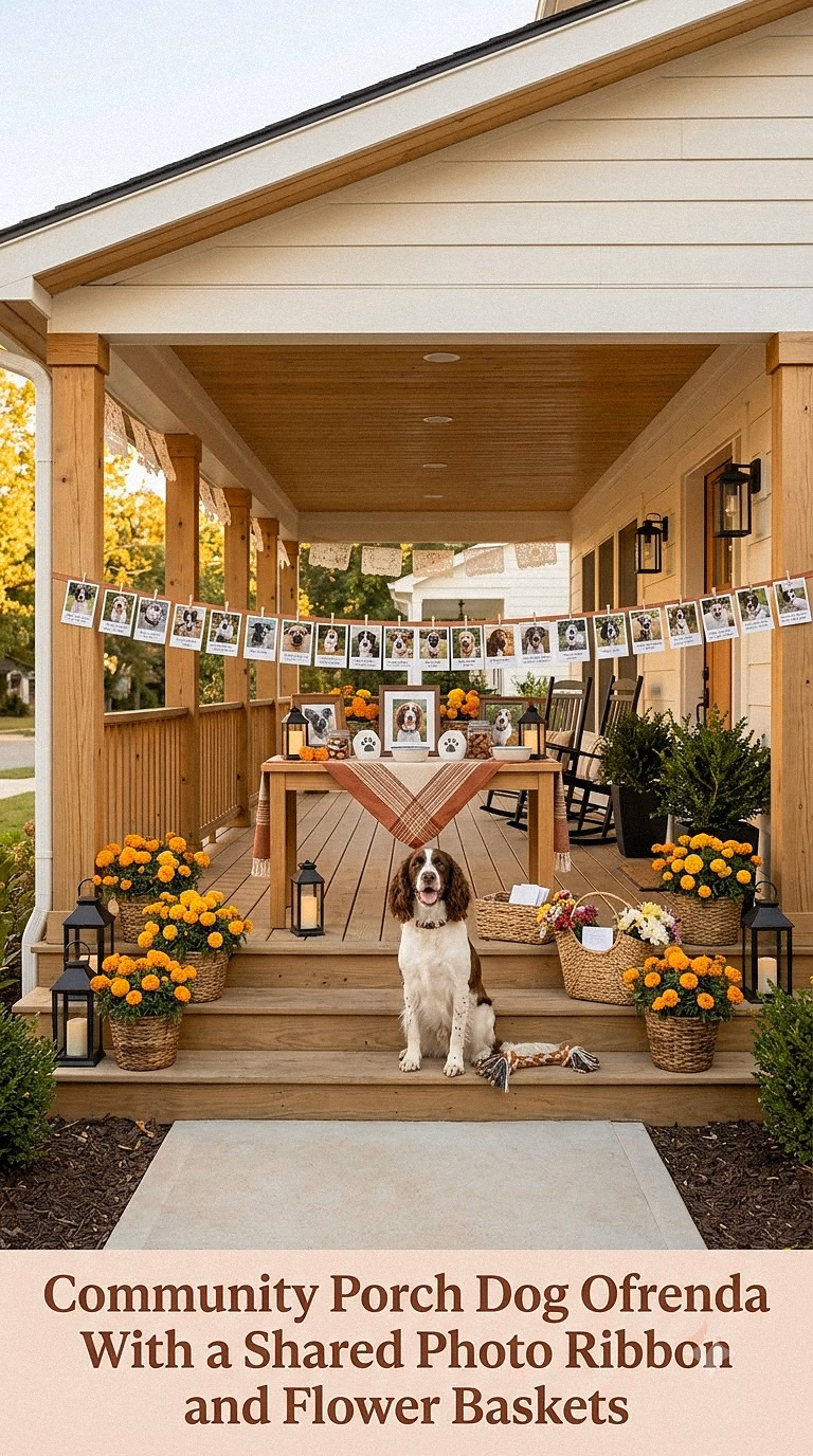 16. Community Porch Dog Ofrenda With a Shared Photo Ribbon and Flower Baskets