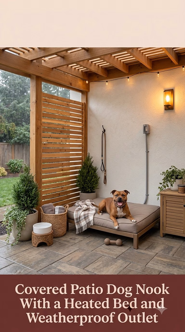 16. Covered Patio Dog Nook With a Heated Bed and Weatherproof Outlet