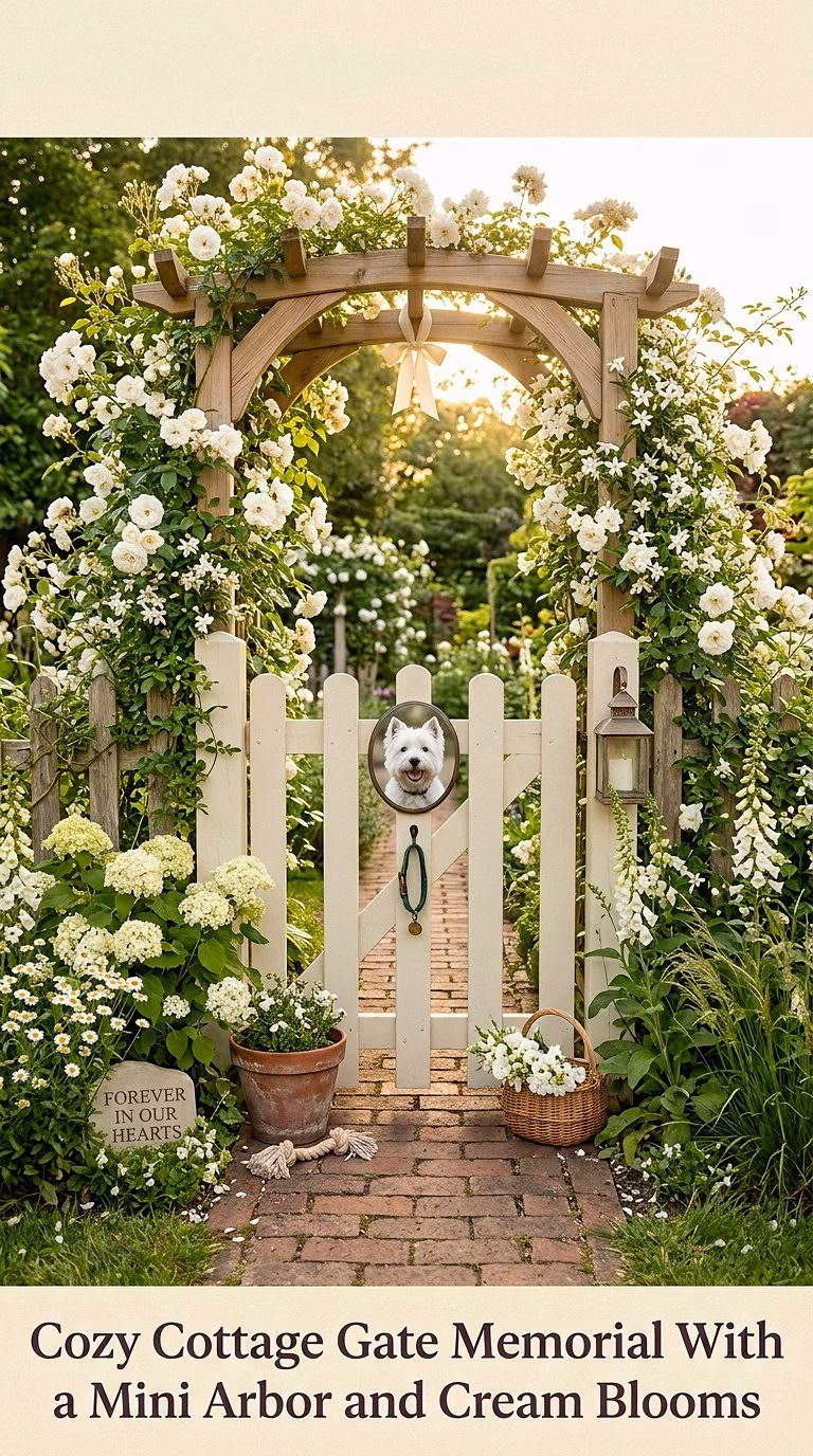 16. Cozy Cottage Gate Memorial With a Mini Arbor and Cream Blooms