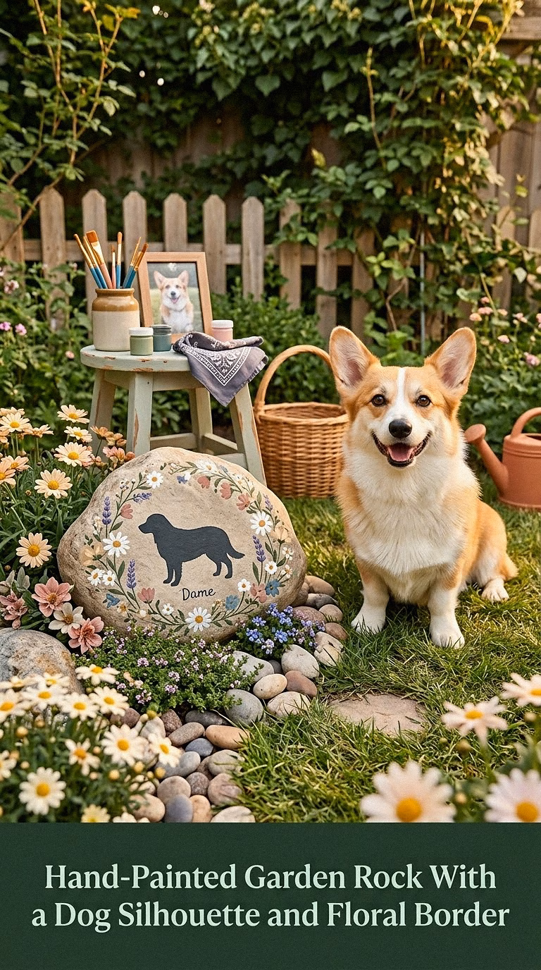 16. Hand-Painted Garden Rock With a Dog Silhouette and Floral Border