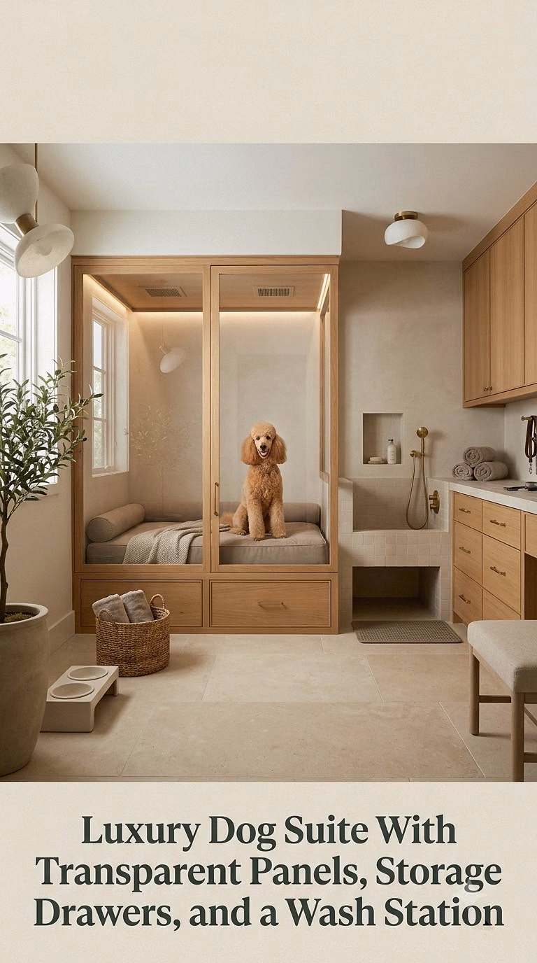 16. Luxury Dog Suite With Transparent Panels, Storage Drawers, and a Wash Station