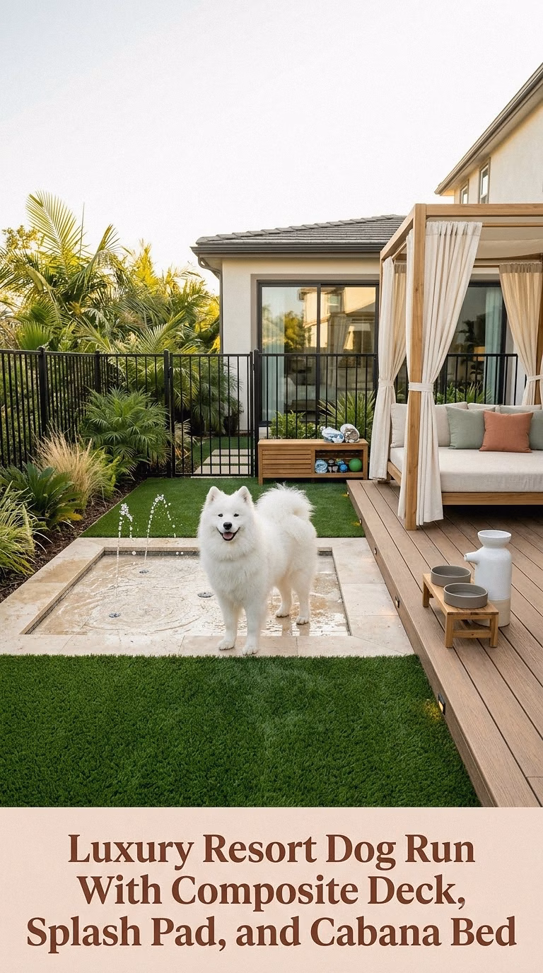 16. Luxury Resort Dog Run With Composite Deck, Splash Pad, and Cabana Bed