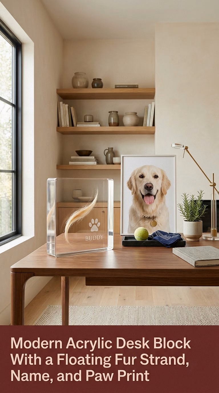 16. Modern Acrylic Desk Block With a Floating Fur Strand, Name, and Paw Print