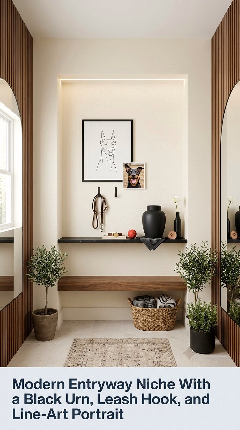 16. Modern Entryway Niche With a Black Urn, Leash Hook, and Line-Art Portrait