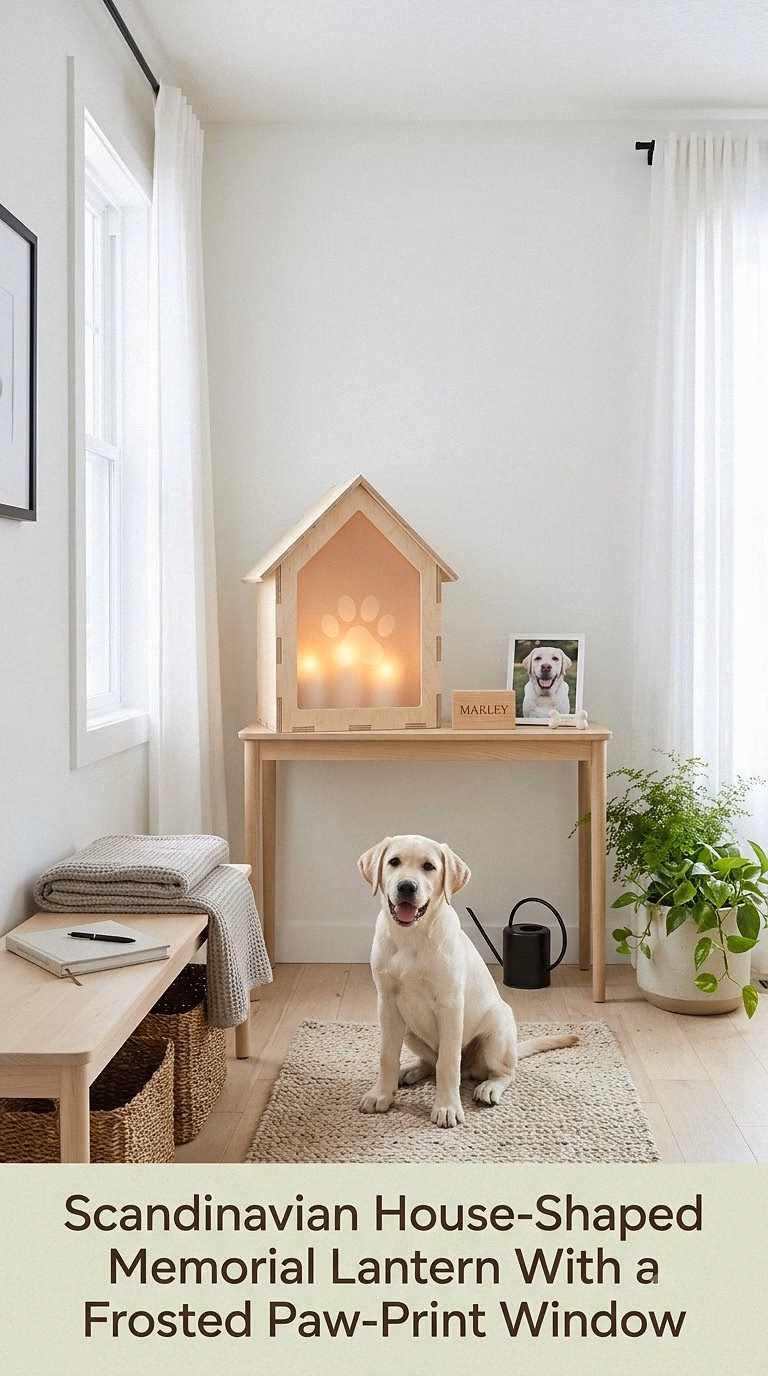 16. Scandinavian House-Shaped Memorial Lantern With a Frosted Paw-Print Window