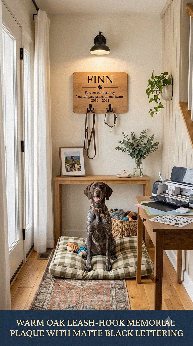 16. Warm Oak Leash-Hook Memorial Plaque With Matte Black Lettering