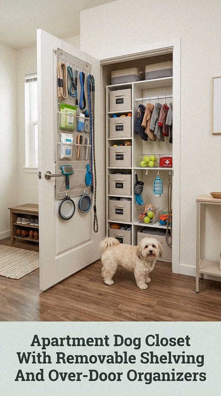 Apartment Dog Closet With Removable Shelving And Over-Door Organizers