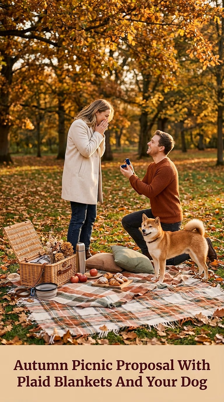 Autumn Picnic Proposal With Plaid Blankets And Your Dog