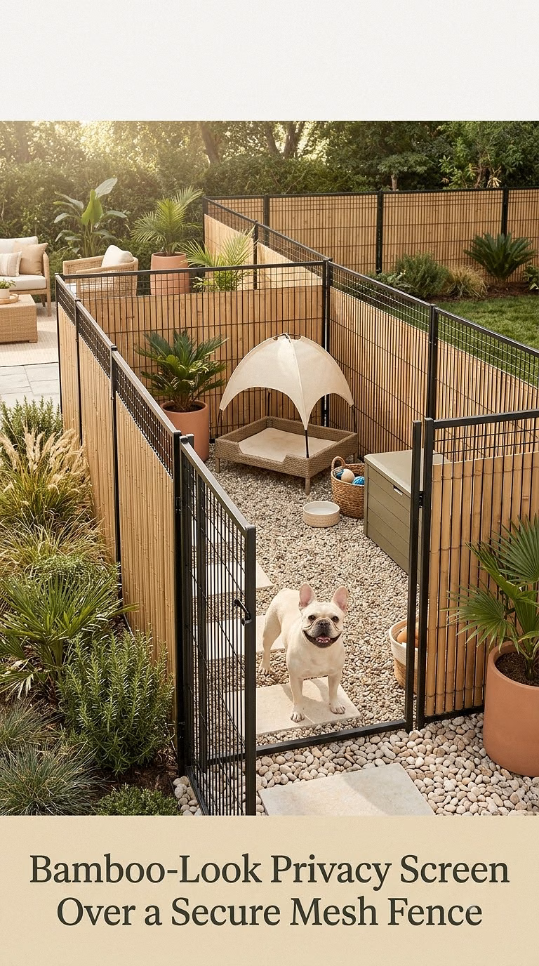 Bamboo-Look Privacy Screen Over a Secure Mesh Fence
