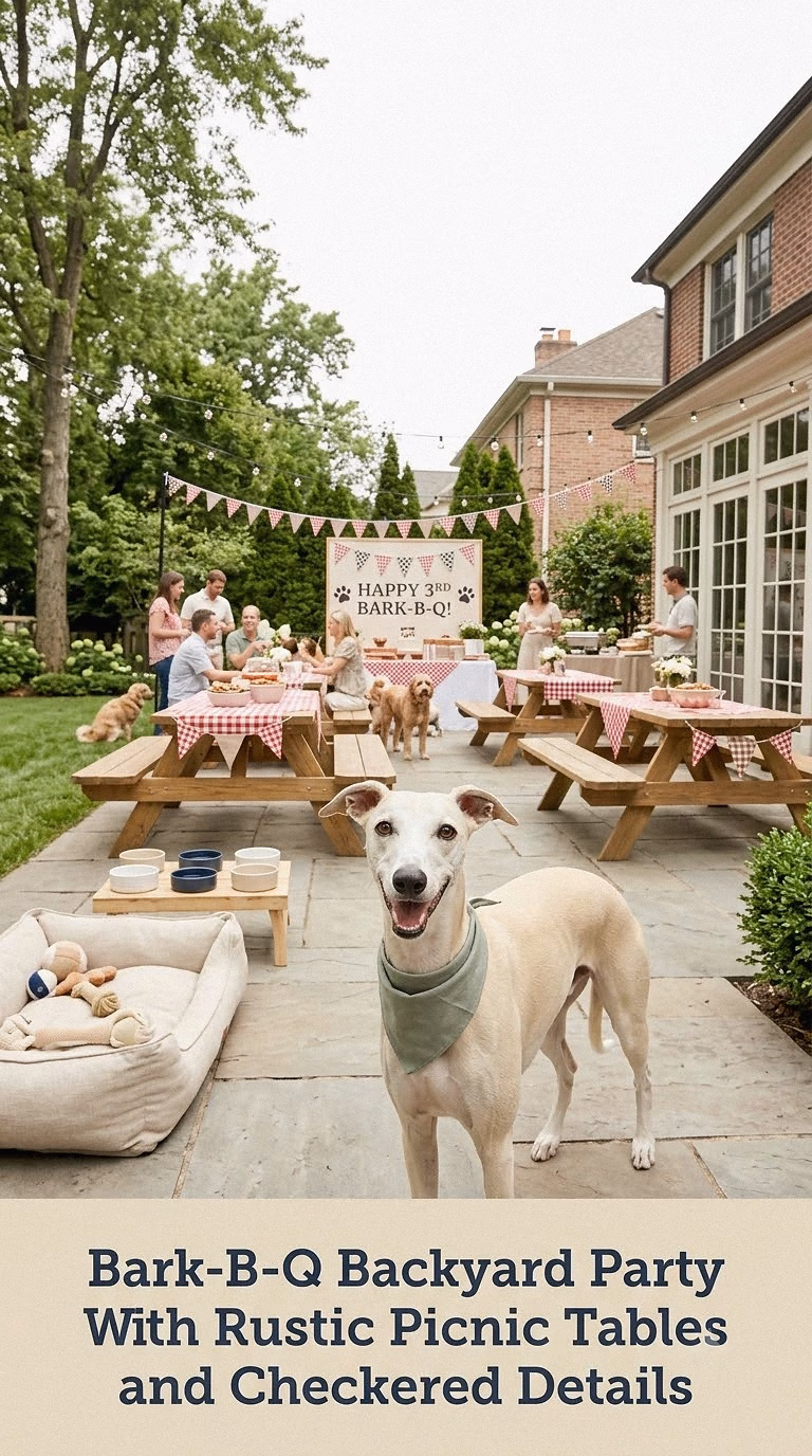 Bark-B-Q Backyard Party With Rustic Picnic Tables and Checkered Details