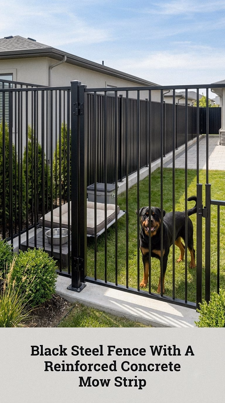Black Steel Fence With A Reinforced Concrete Mow Strip