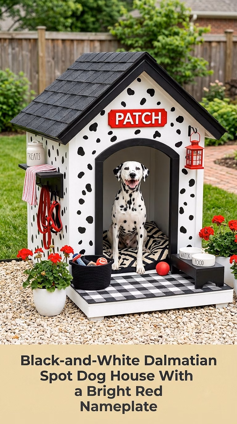 16. Black-and-White Dalmatian Spot Dog House With a Bright Red Nameplate