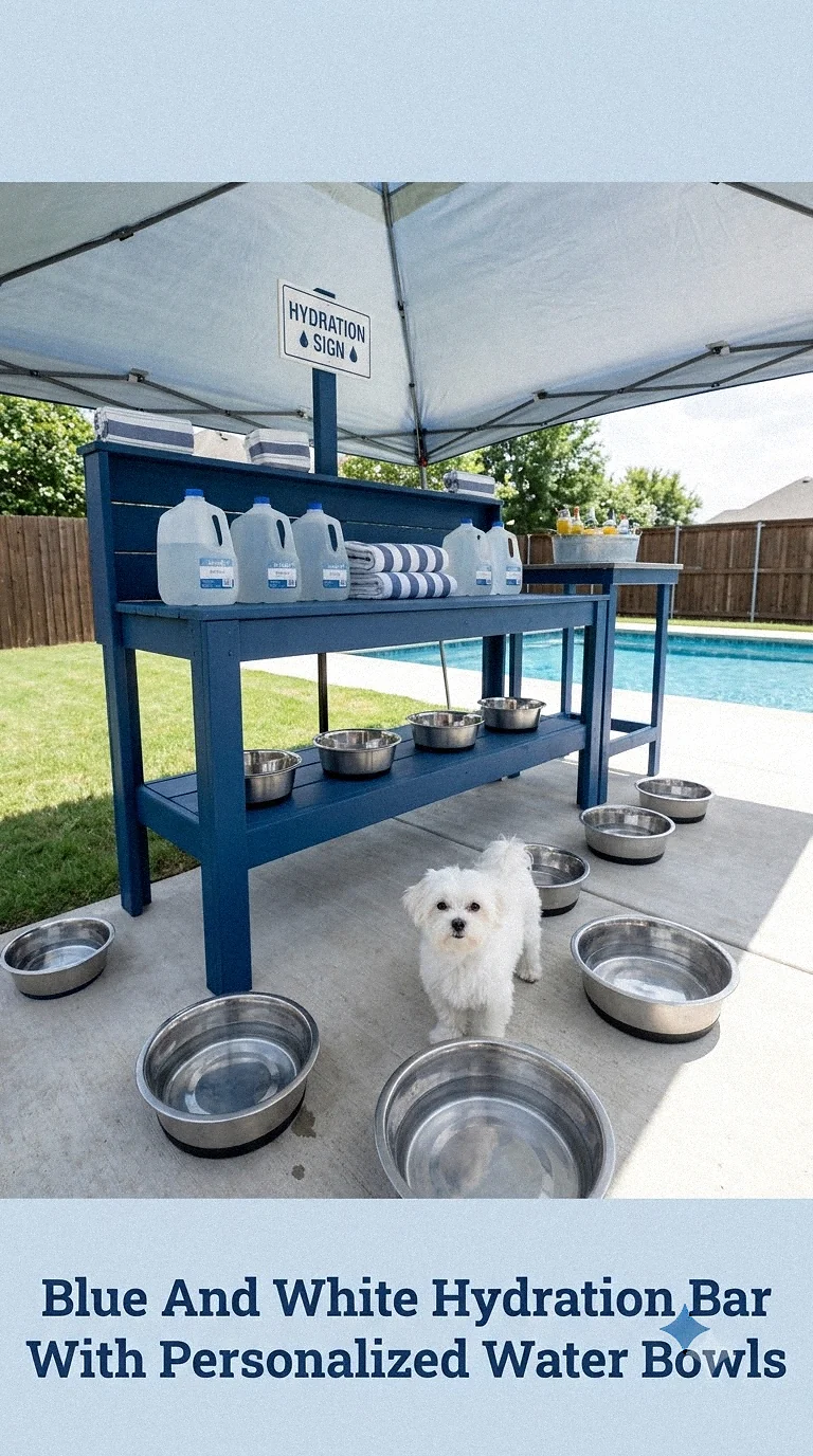 Blue And White Hydration Bar With Personalized Water Bowls