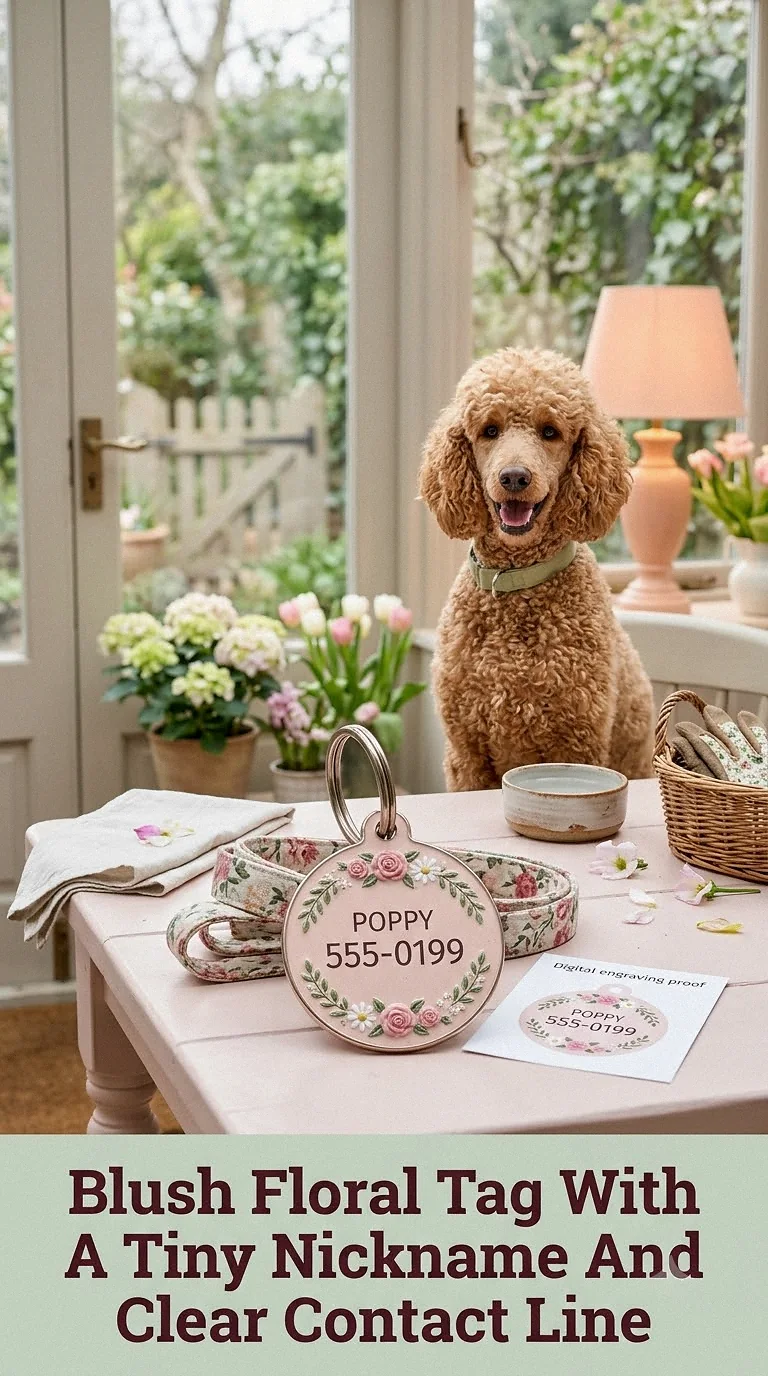 Blush Floral Tag With A Tiny Nickname And Clear Contact Line