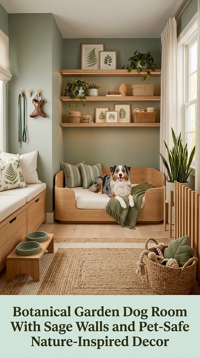 16. Botanical Garden Dog Room With Sage Walls and Pet-Safe Nature-Inspired Decor