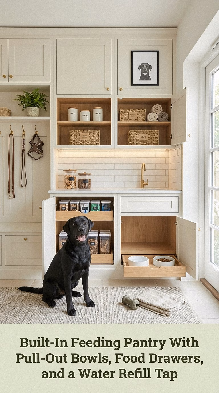 Built-In Feeding Pantry With Pull-Out Bowls, Food Drawers, and a Water Refill Tap