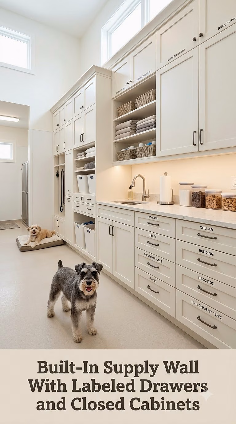Built-In Supply Wall With Labeled Drawers and Closed Cabinets