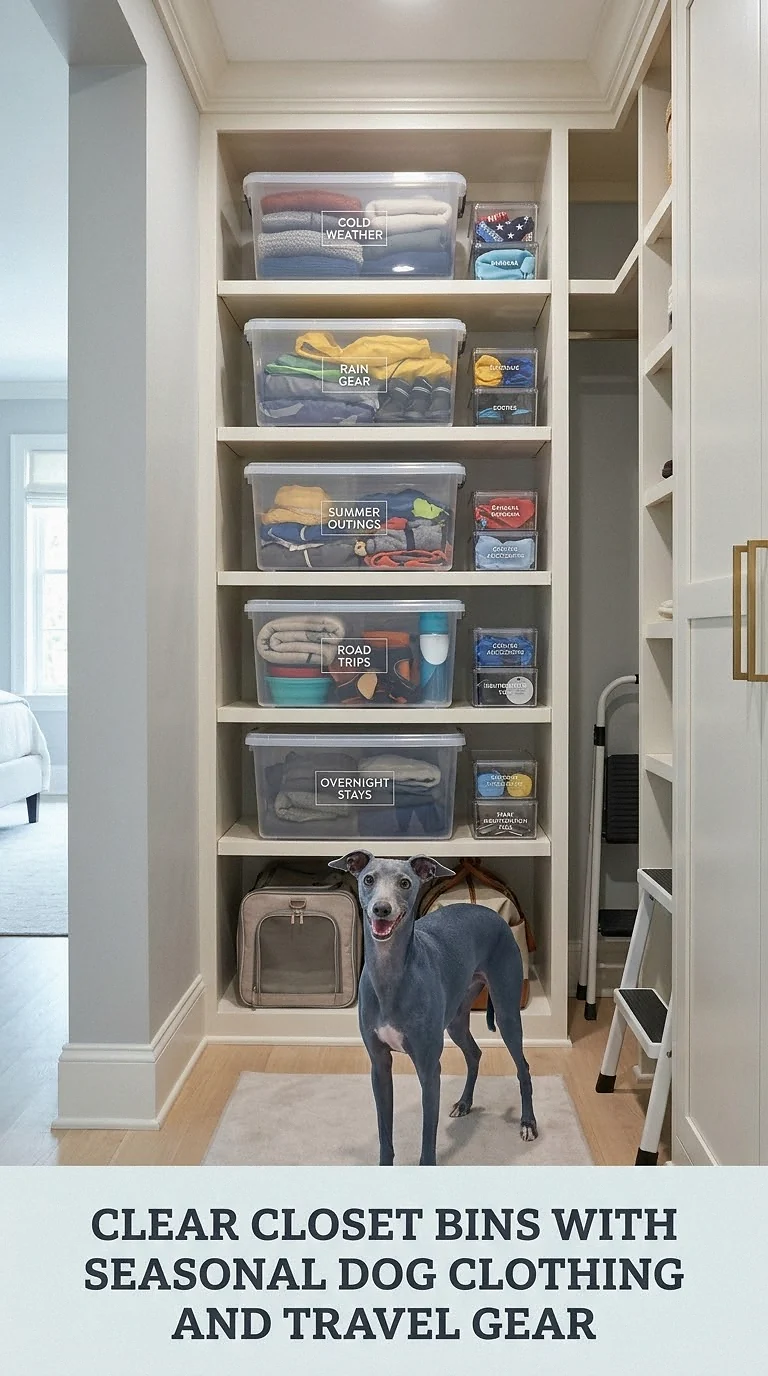 Clear Closet Bins With Seasonal Dog Clothing And Travel Gear