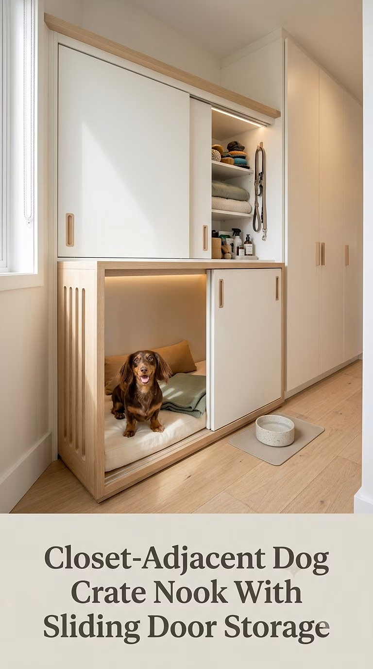 Closet-Adjacent Dog Crate Nook With Sliding Door Storage