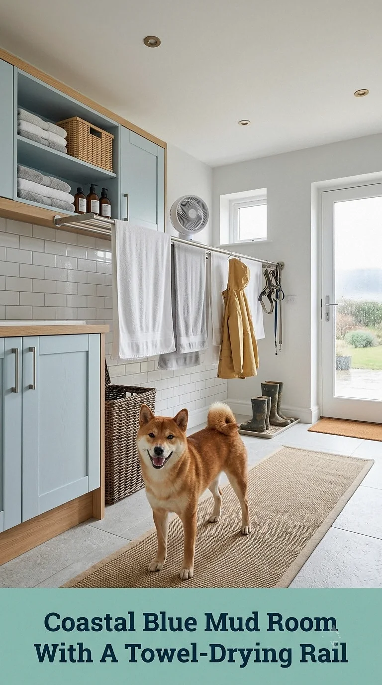 Coastal Blue Mud Room With A Towel-Drying Rail
