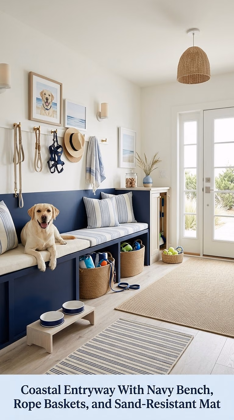 16. Coastal Entryway With Navy Bench, Rope Baskets, and Sand-Resistant Mat
