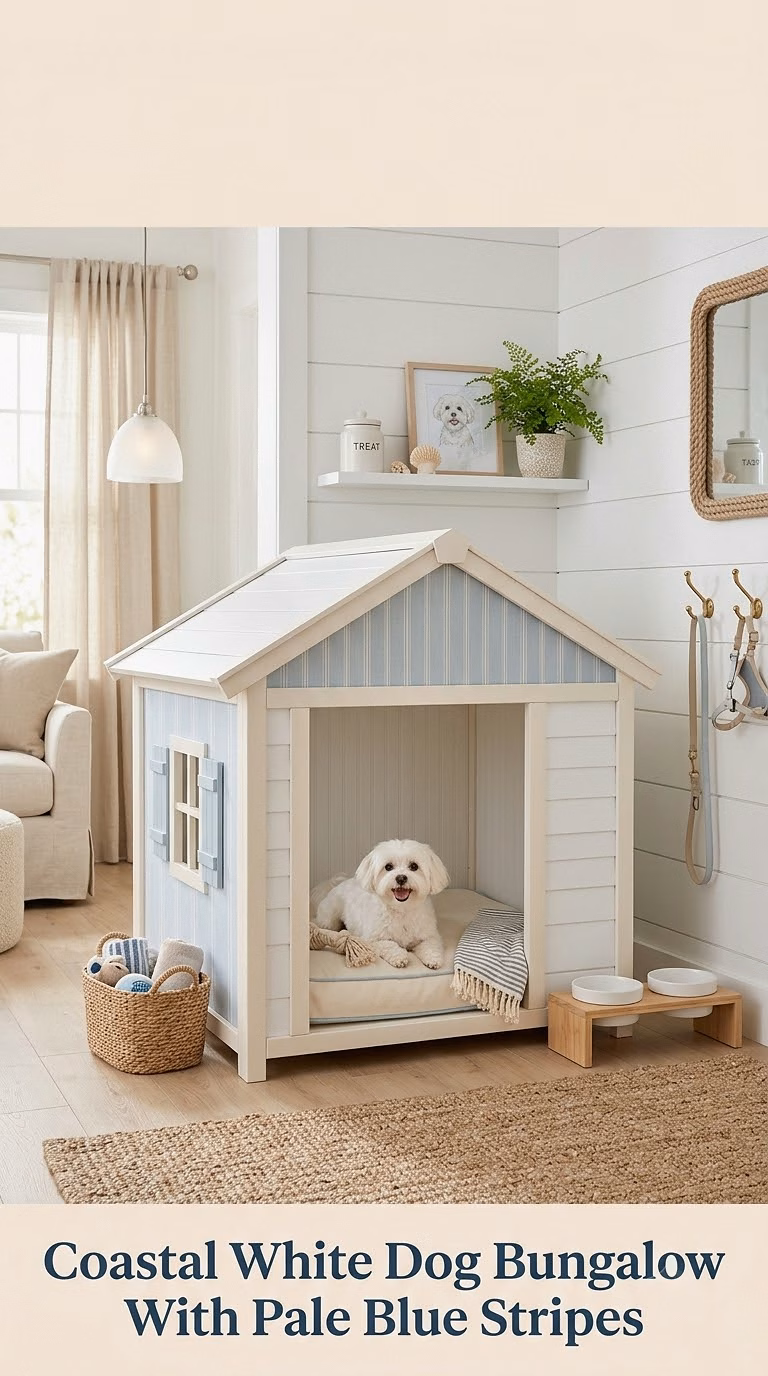 16. Coastal White Dog Bungalow With Pale Blue Stripes