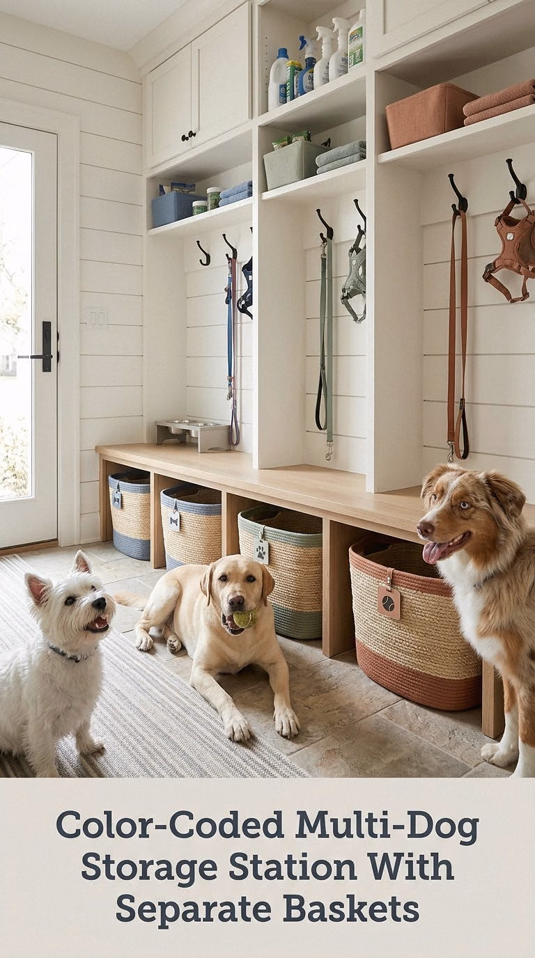 Color-Coded Multi-Dog Storage Station With Separate Baskets