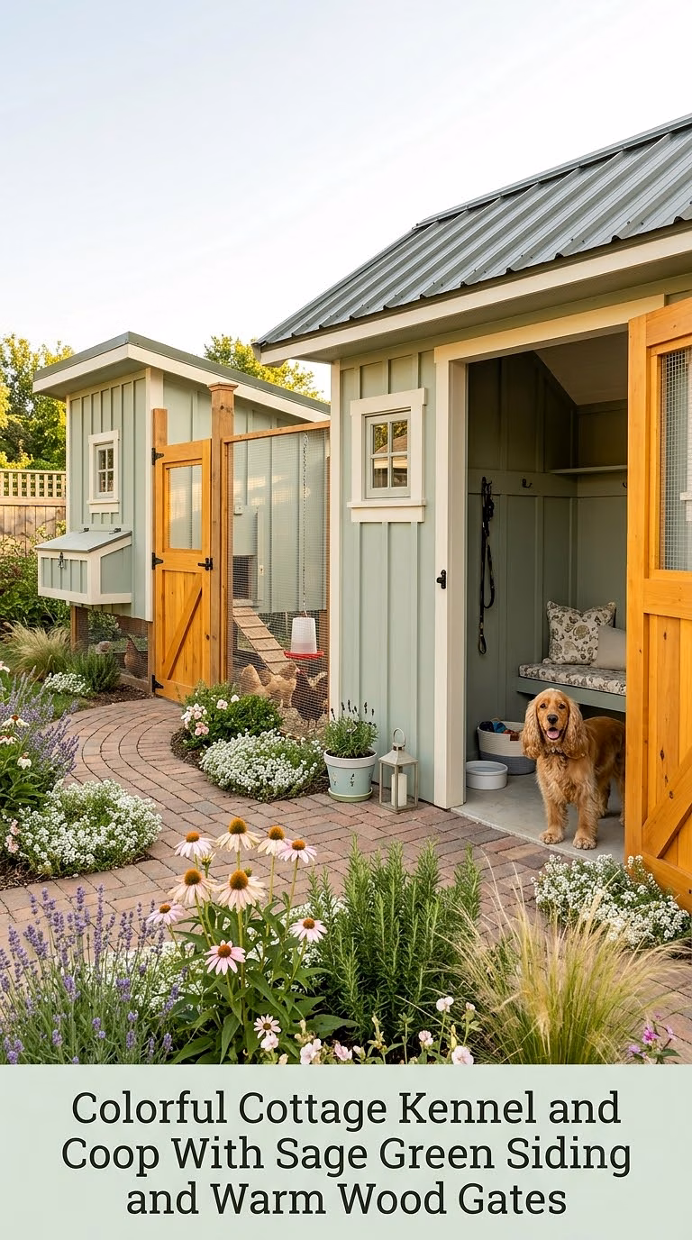 Colorful Cottage Kennel and Coop With Sage Green Siding and Warm Wood Gates