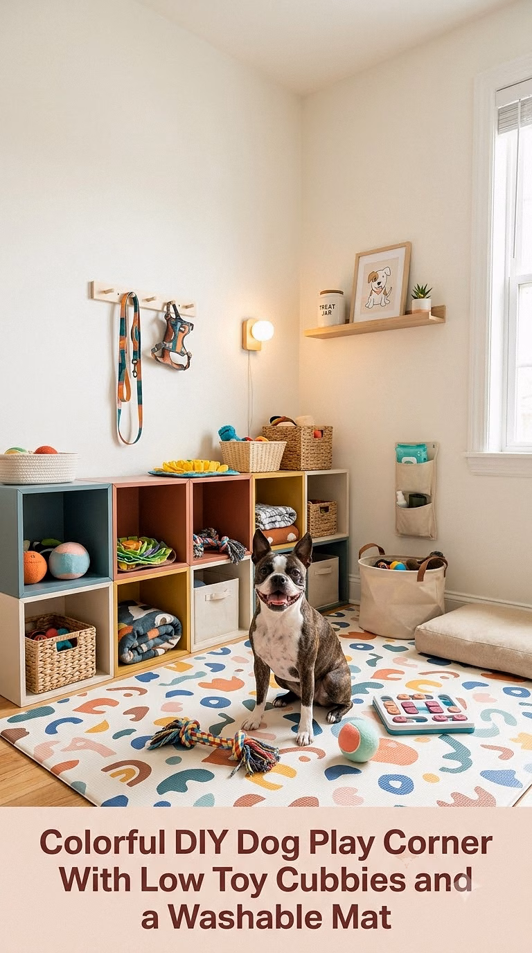 16. Colorful DIY Dog Play Corner With Low Toy Cubbies and a Washable Mat