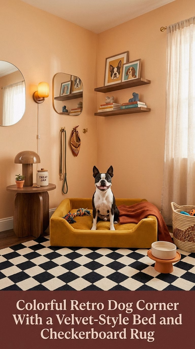 16. Colorful Retro Dog Corner With a Velvet-Style Bed and Checkerboard Rug
