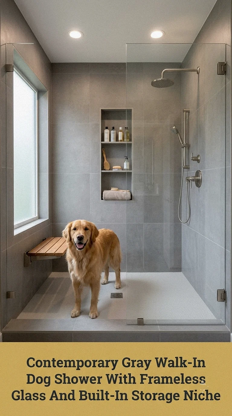 Contemporary Gray Walk-In Dog Shower With Frameless Glass And Built-In Storage Niche