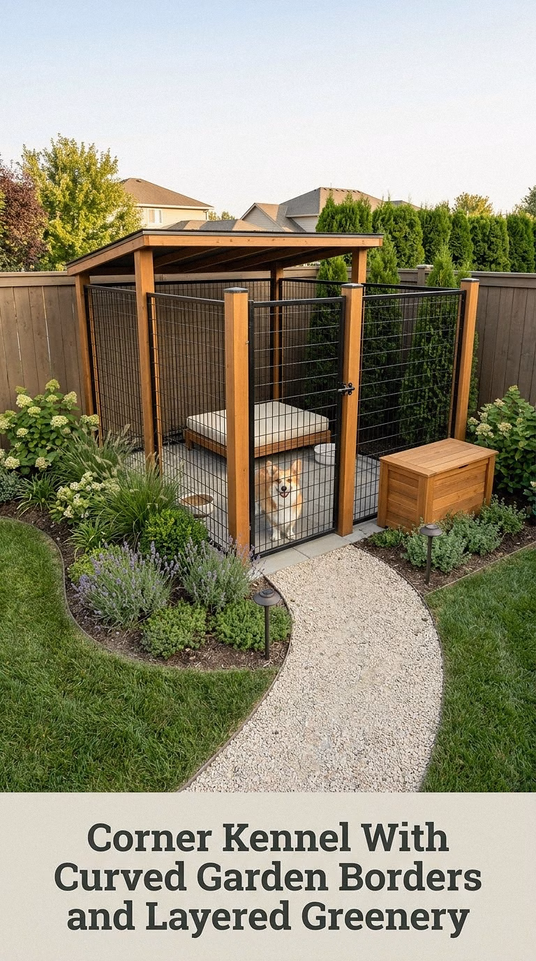 Corner Kennel With Curved Garden Borders and Layered Greenery